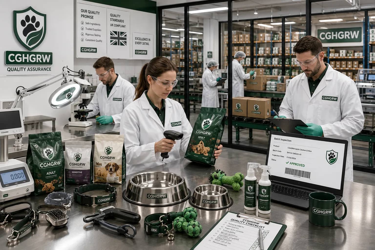 CGHGRW pet products being checked in a quality control inspection area