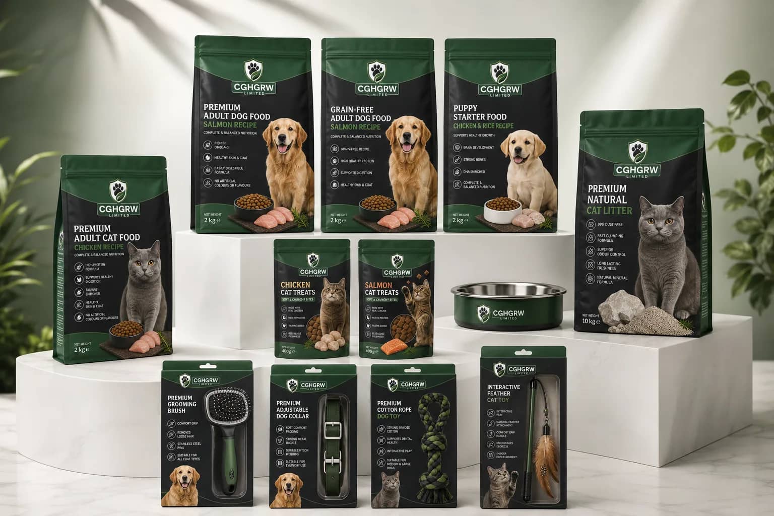 The full CGHGRW product range displayed on studio podiums, including dog and cat food, treats, litter, bowls, grooming and toys