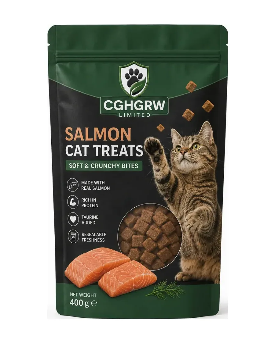 CGHGRW Salmon Cat Treats, 400g pack, front and back of packaging