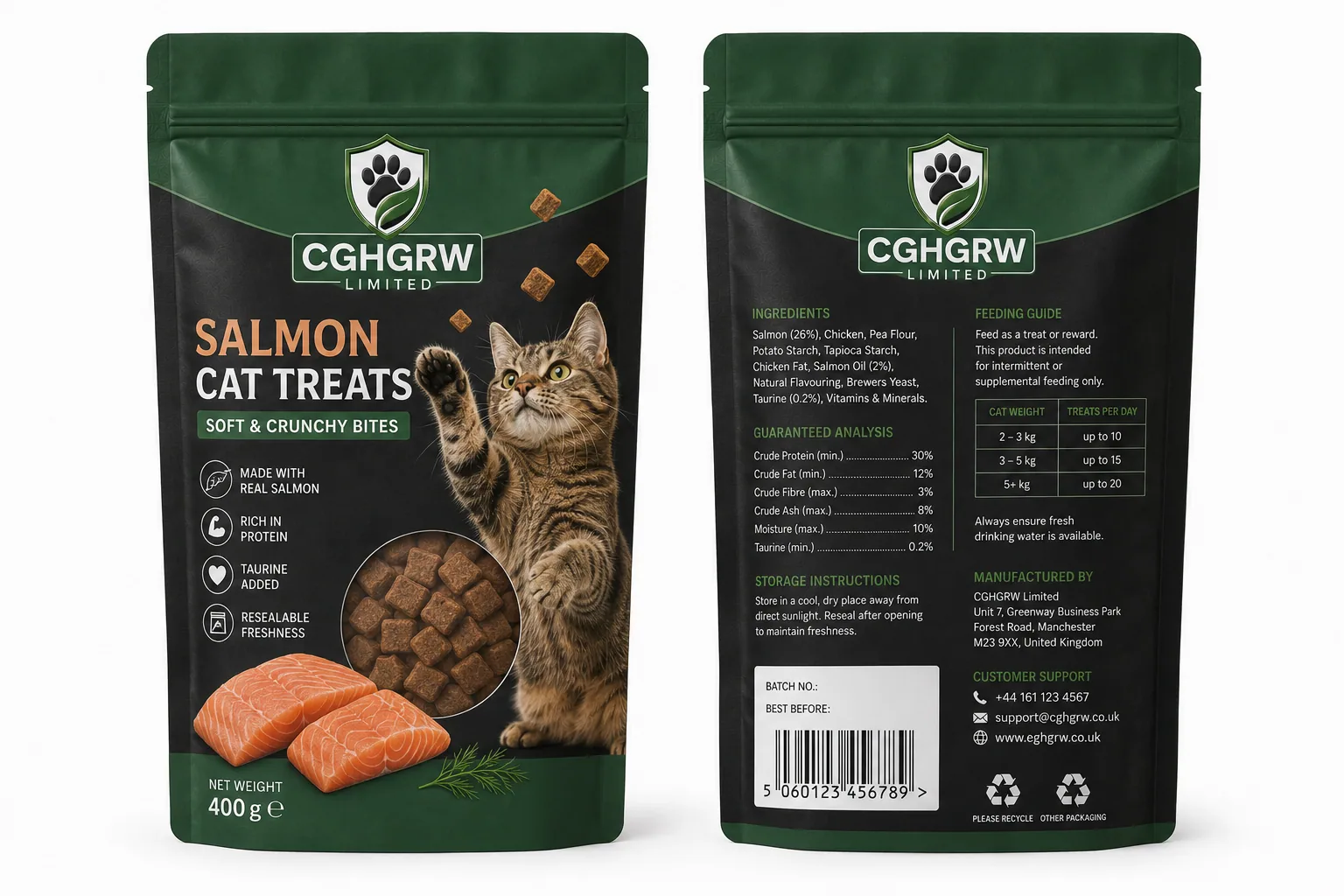 CGHGRW Salmon Cat Treats, 400g pack, front and back of packaging