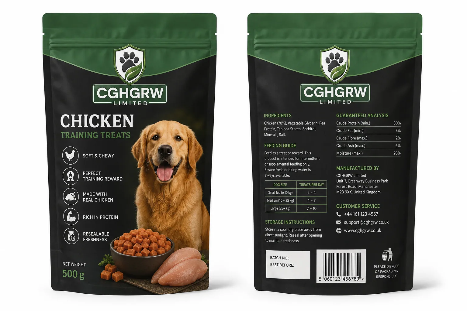 CGHGRW Chicken Training Treats for dogs, 500g pack, front and back of packaging