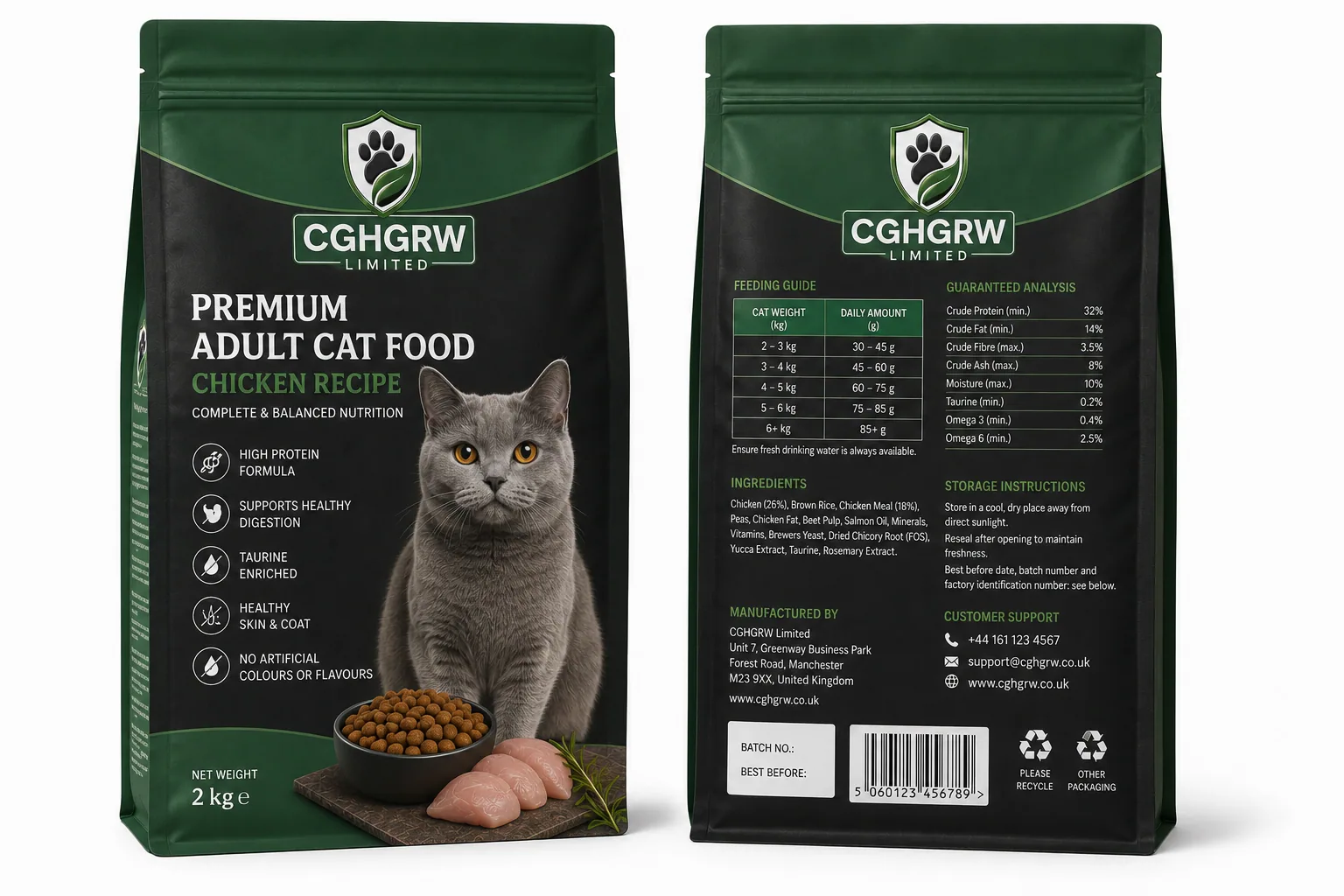 CGHGRW Premium Adult Cat Food, chicken recipe, 2kg pack, front and back of packaging