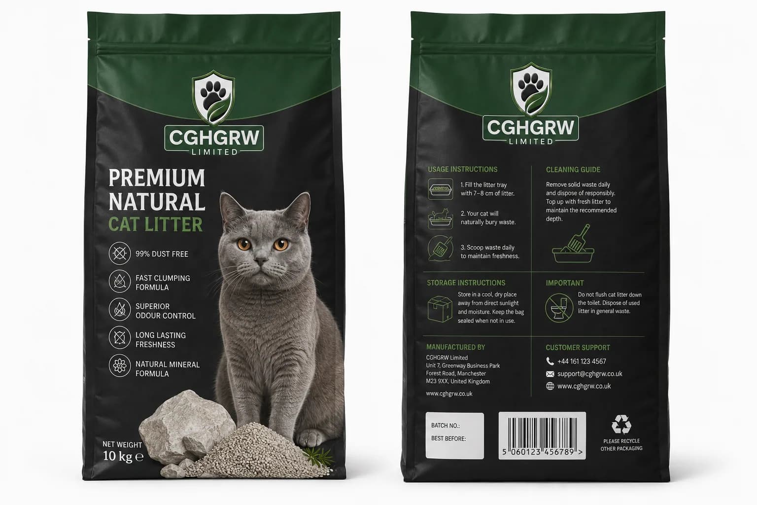 CGHGRW Premium Natural Cat Litter, natural mineral, 10kg pack, front and back of packaging