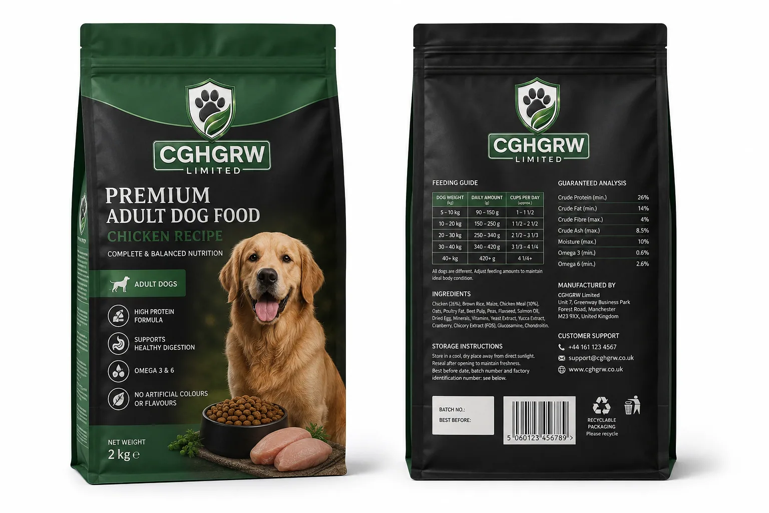 CGHGRW Premium Adult Dog Food, chicken recipe, 2kg pack, front and back of packaging