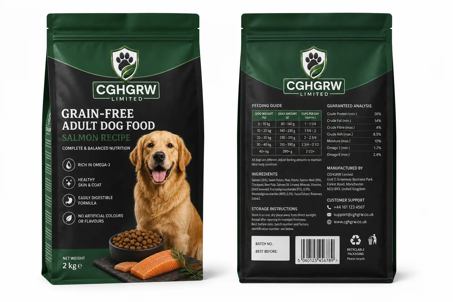CGHGRW Grain-Free Adult Dog Food, salmon recipe, 2kg pack, front and back of packaging