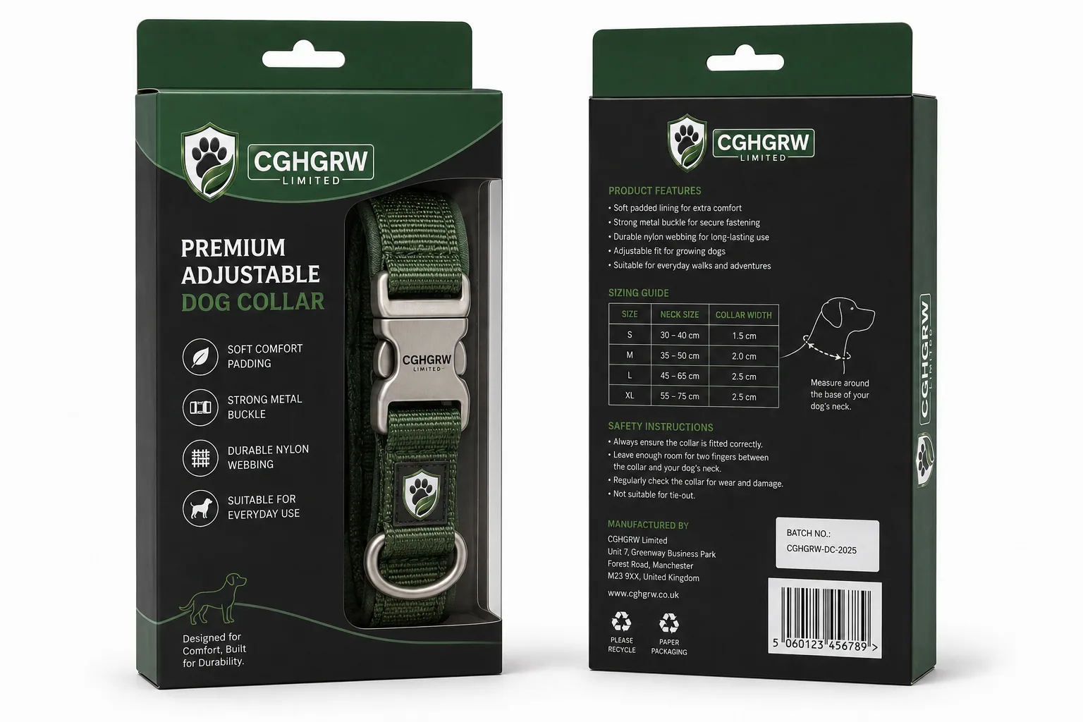 CGHGRW Premium Adjustable Dog Collar, medium size, with packaging